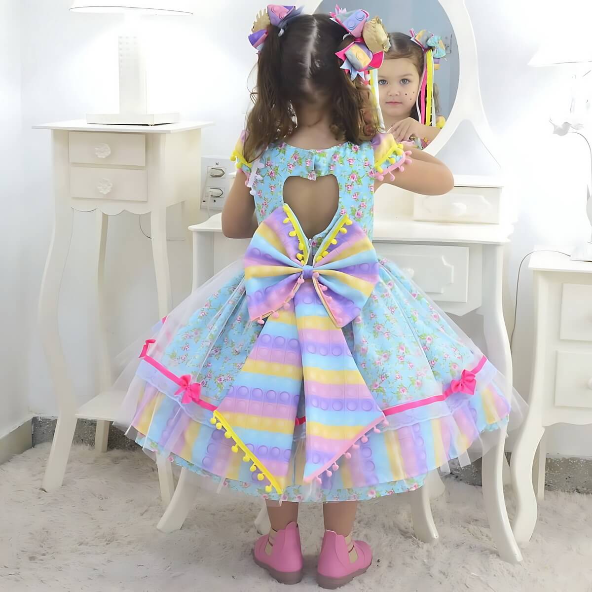 Detalhe de vestido festa junina infantil colorido com tule