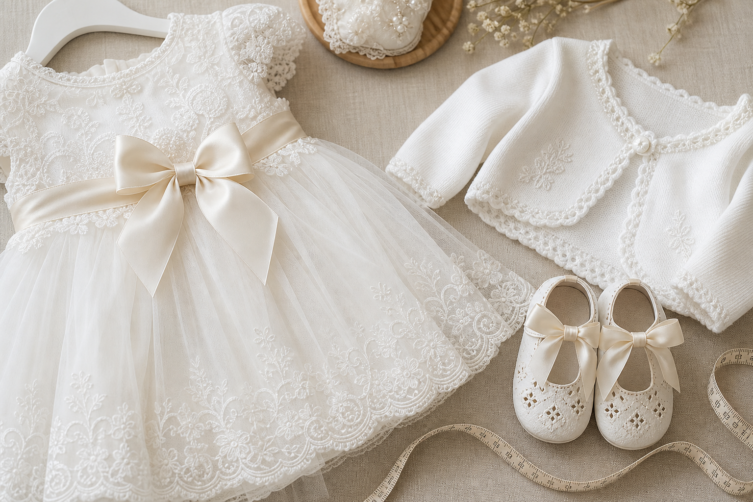 Vestido branco de batizado, bolero, sapatinhos e fita métrica para conferir tamanho