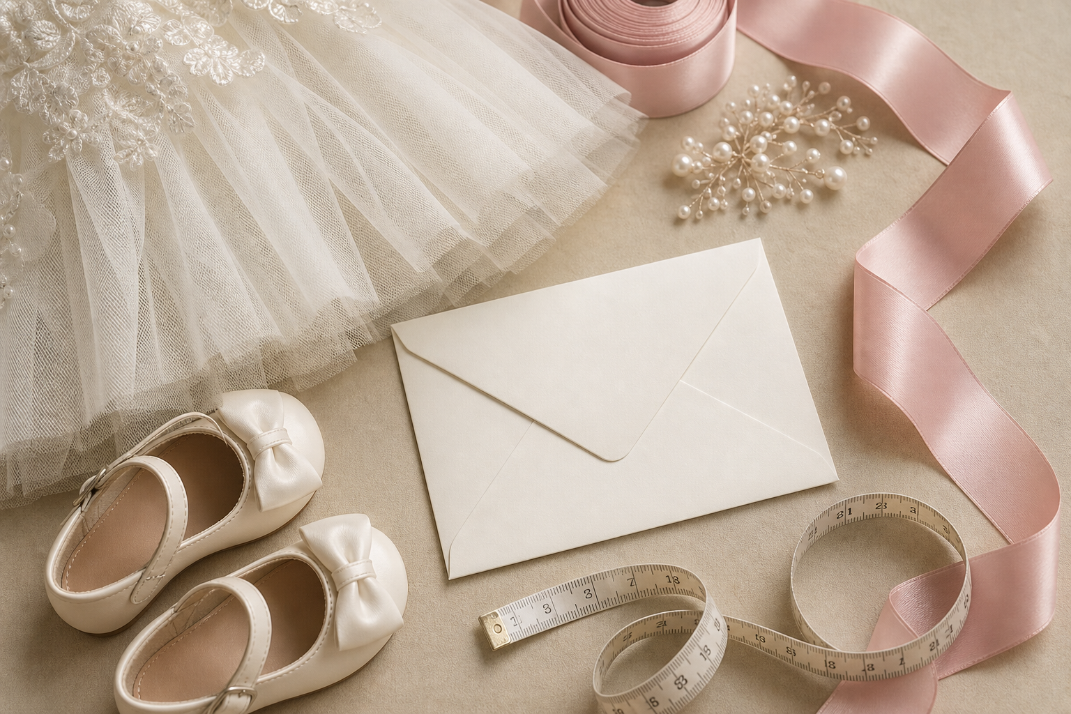 Tule, fita rosa, sapatinhos e acessório delicado para vestido infantil de casamento
