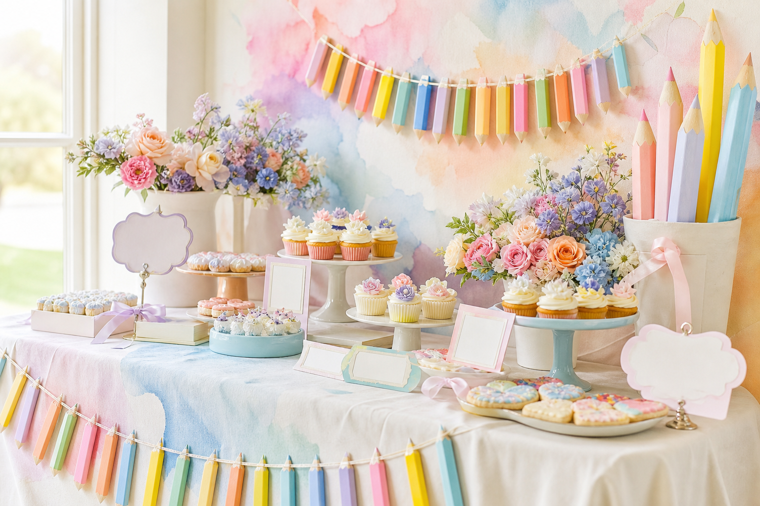 Mesa de doces decorada com aquarela, flores e lápis de cor em tons pastel