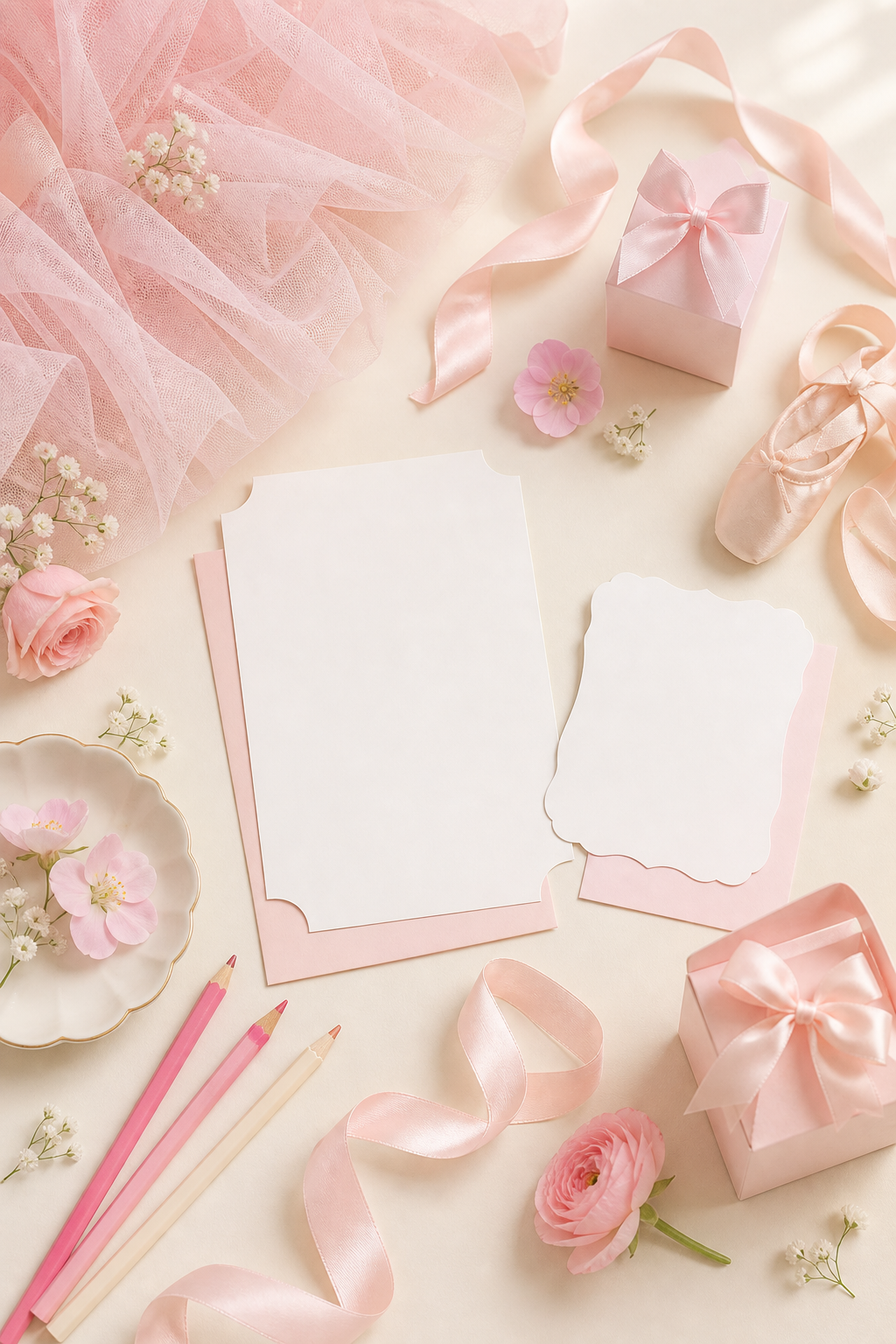 Flat lay de planejamento para festa bailarina com tule rosa, cartões em branco, fita, lembrancinhas, flores e sapatilhas