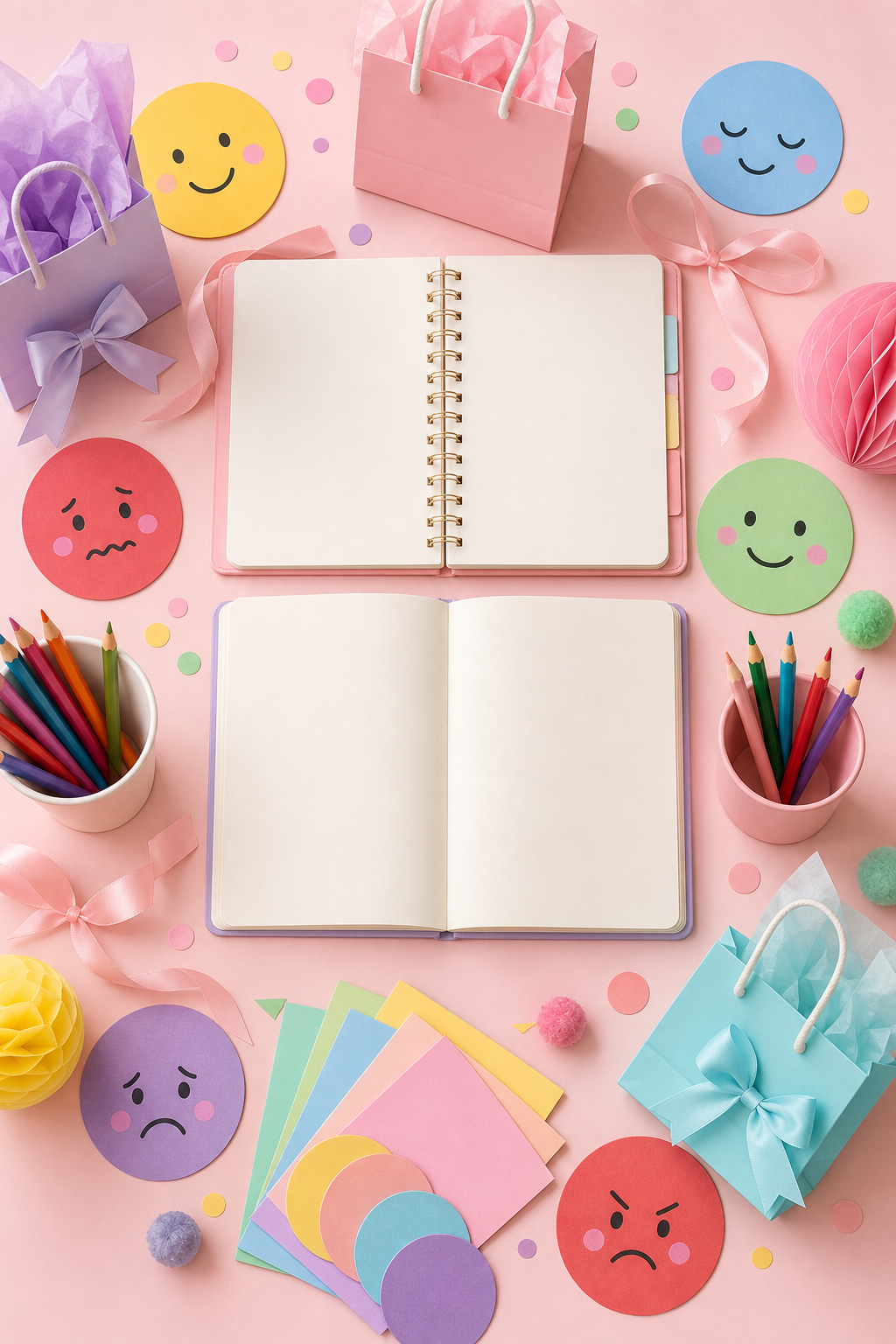 Flat lay com cadernos em branco, lápis coloridos, sacolas de festa e círculos de emoções em papel