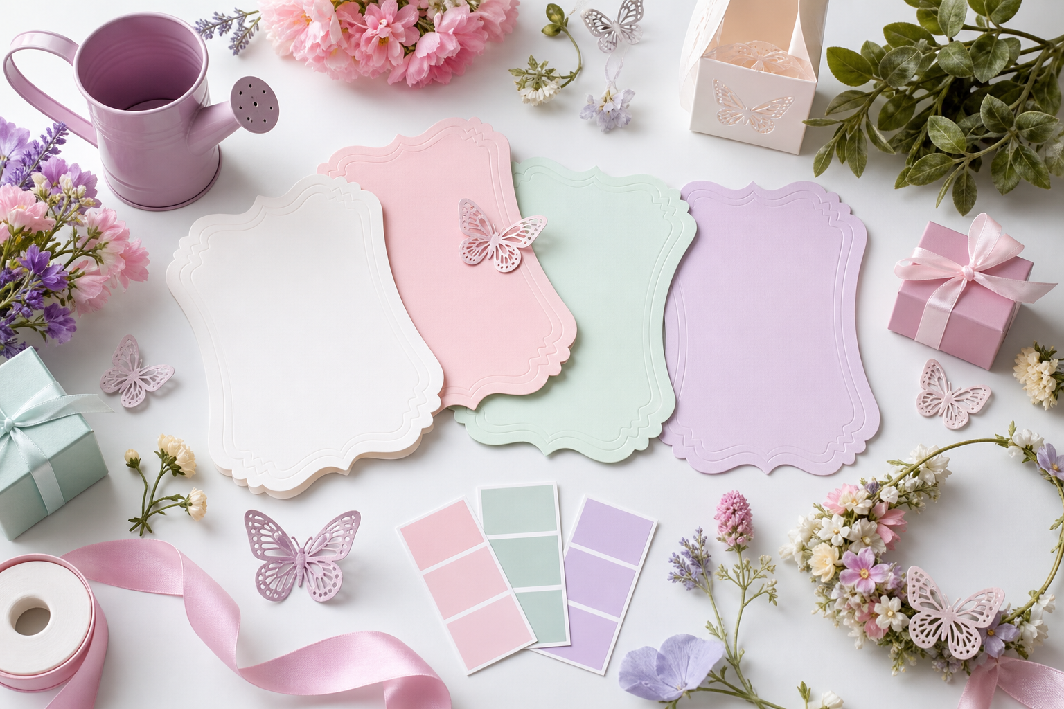 Flat lay de planejamento para festa Jardim Encantado com cartões em branco, flores, borboletas e paleta pastel