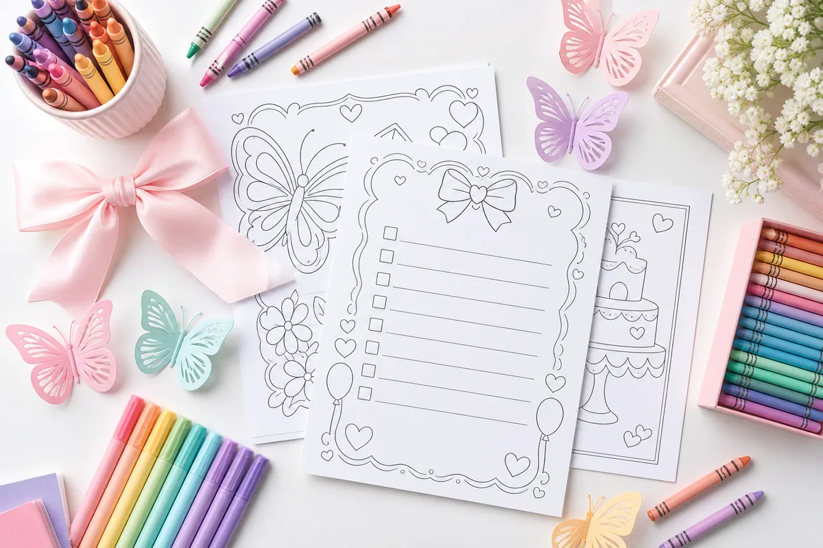 Checklist visual de festa livro de colorir com lápis, borboletas, laço rosa e folhas para pintar