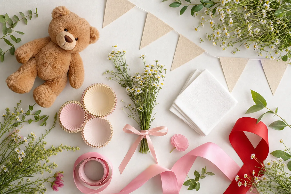 Checklist visual de festa infantil com flores, fitas rosa e vermelha, bandeirinhas e urso de pelúcia