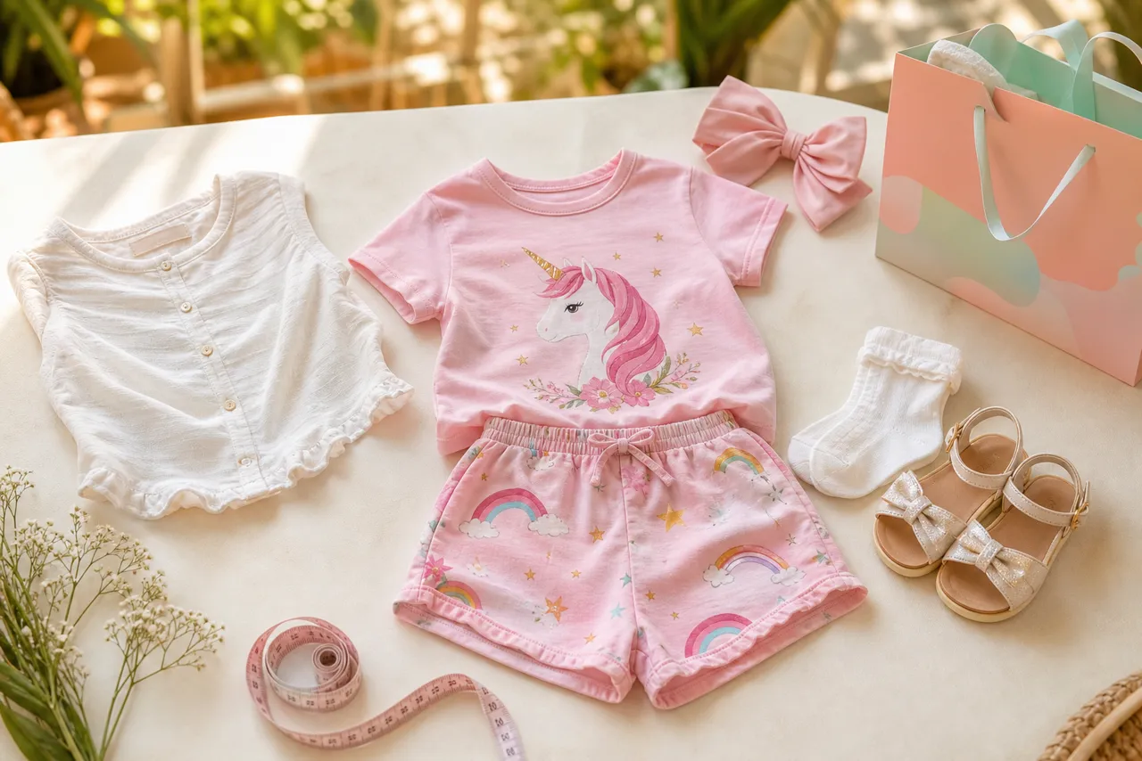Conjunto infantil feminino com blusinha, short, laço, sandálias e fita métrica para escolher tamanho e conforto no aniversário