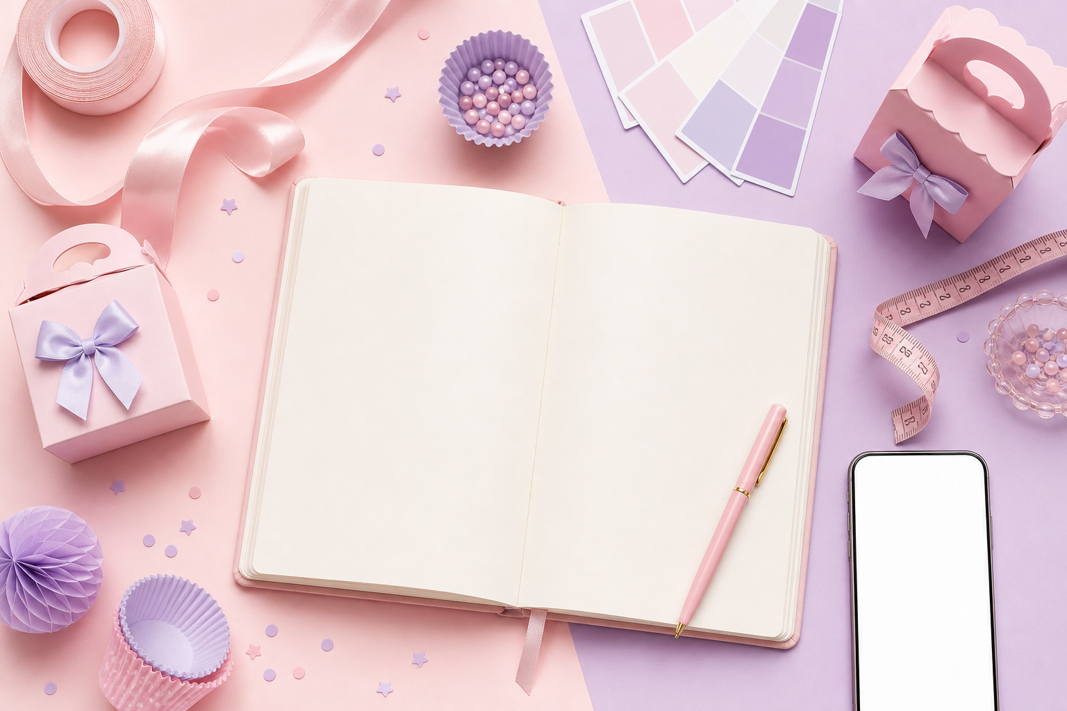 Mesa de planejamento com caderno em branco, fitas, paleta de cores e lembrancinhas para festa infantil