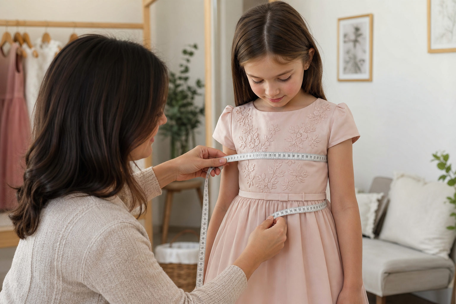 Criança sendo medida para escolher vestido infantil online