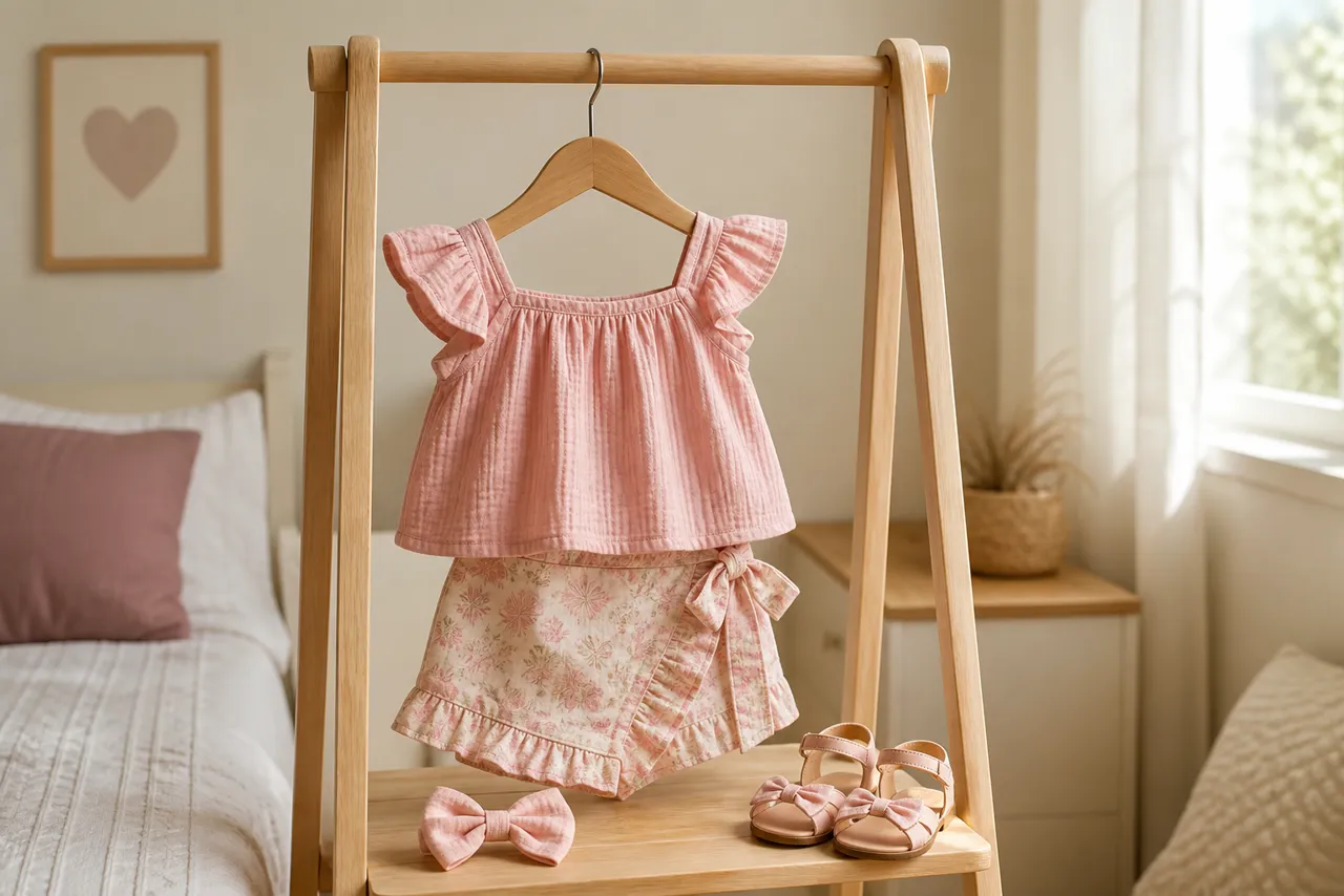Conjunto infantil feminino rosa para passeio com sandália e laço em cenário claro
