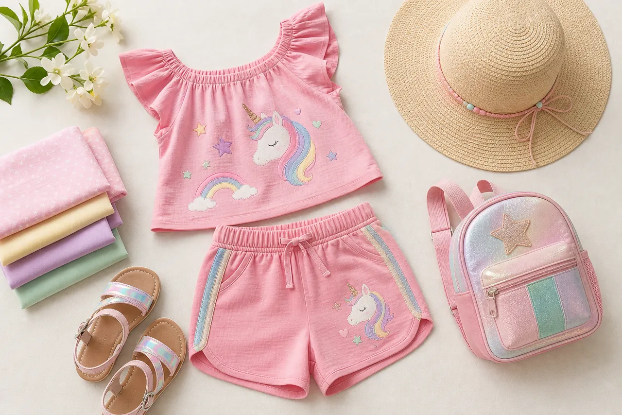 Conjunto infantil feminino rosa com blusinha, short, sandália, chapéu e mochila para passeio em família