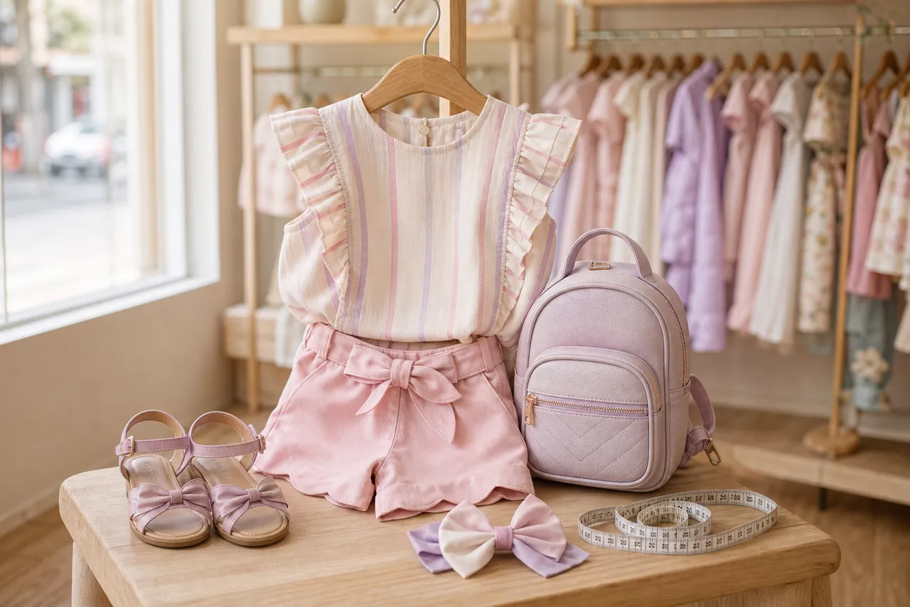 Conjunto infantil feminino para passeio com blusa, short, sandálias, laço, mochila e fita métrica