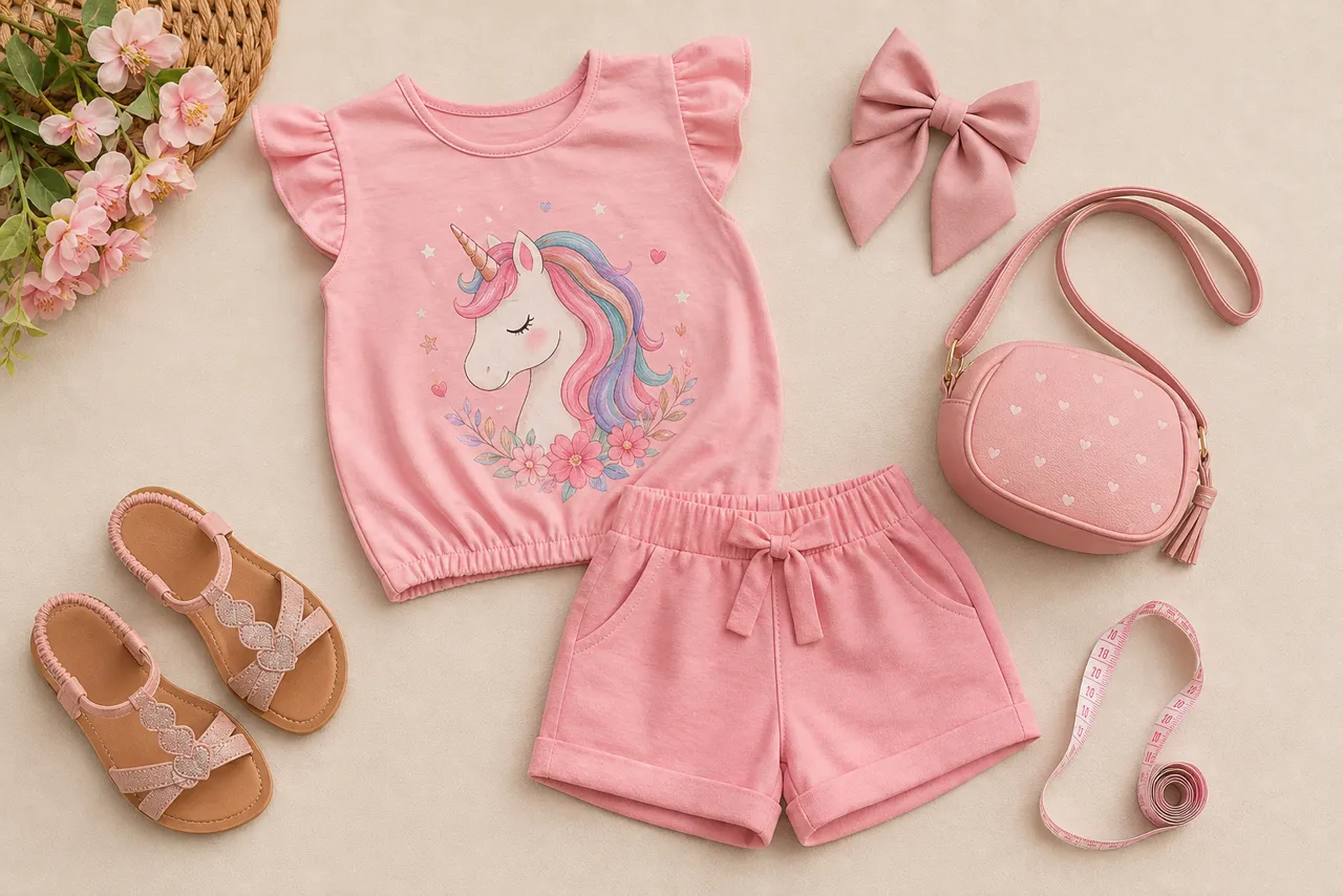 Conjunto infantil feminino rosa com blusinha de unicórnio, short, sandálias, laço, bolsa e fita métrica para passeio em Jataí