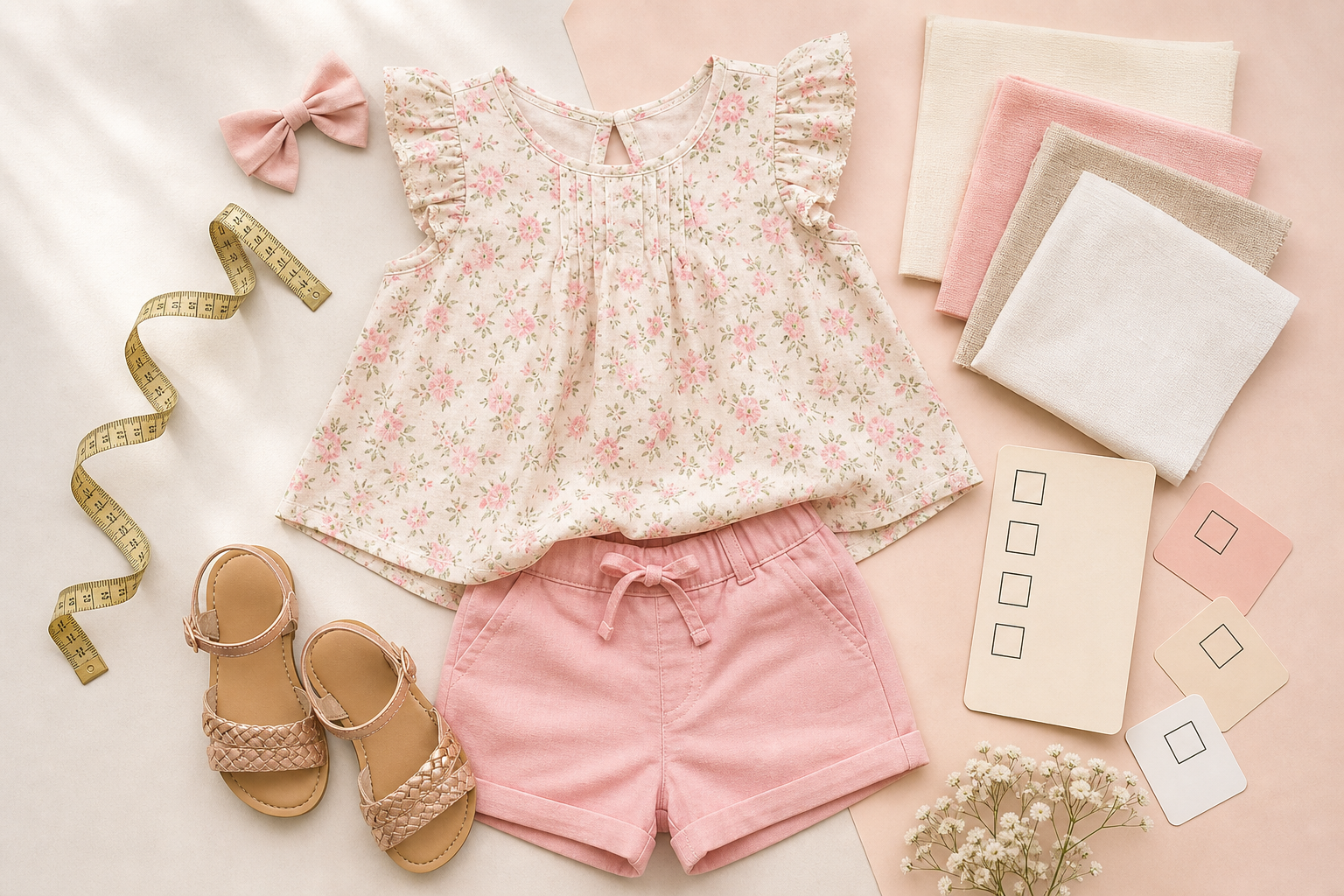 Conjunto infantil feminino com blusa floral, short rosa, sandália, tecidos e fita métrica para conferir tamanho