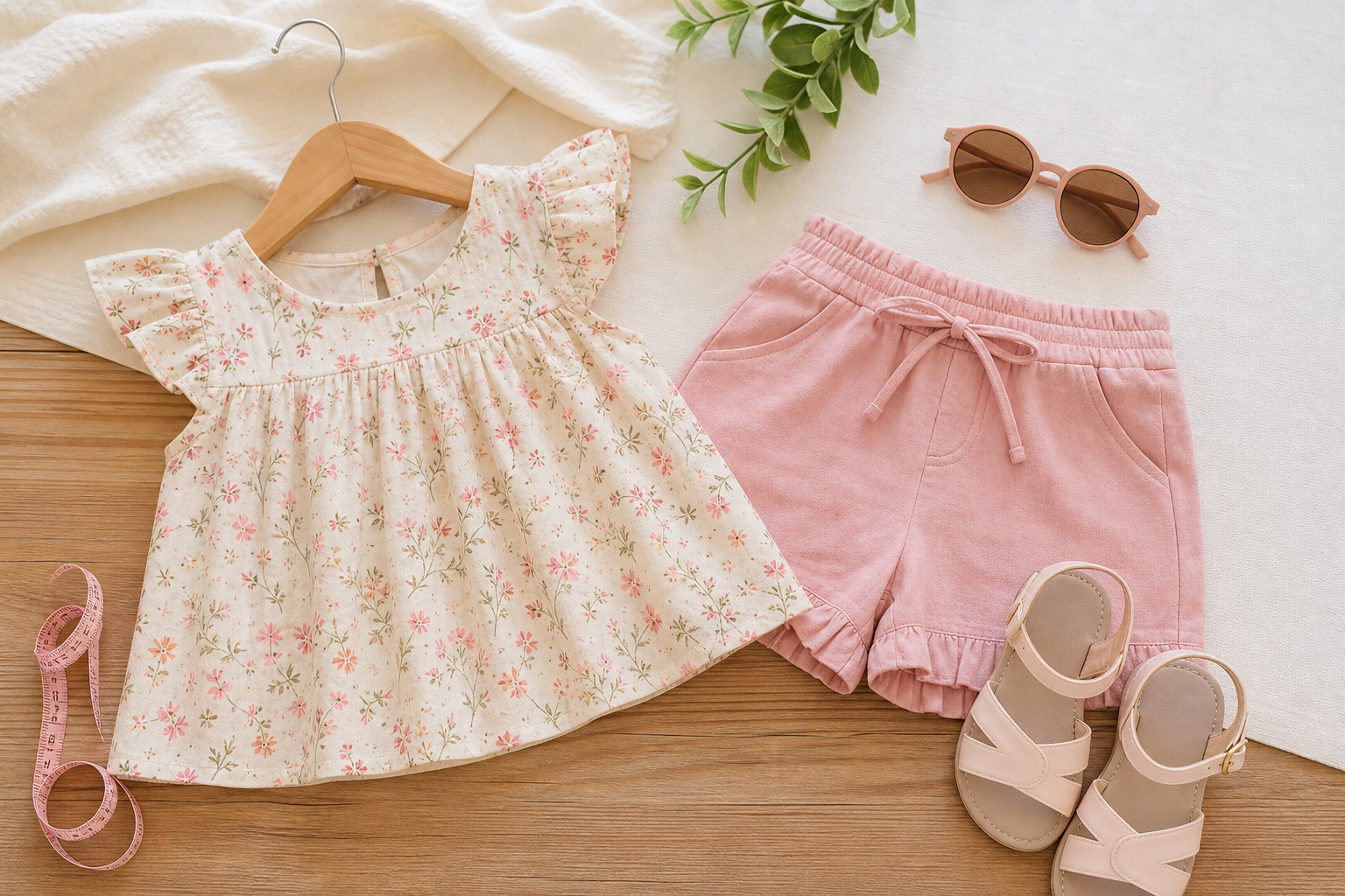 Conjunto infantil feminino com blusa floral, short rosa, sandália e fita métrica para conferir tamanho