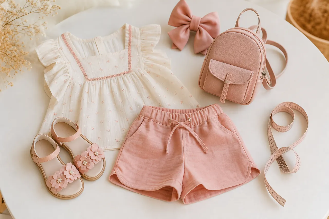 Conjunto infantil feminino para passeio com blusa, short, sandálias, laço, mochila e fita métrica