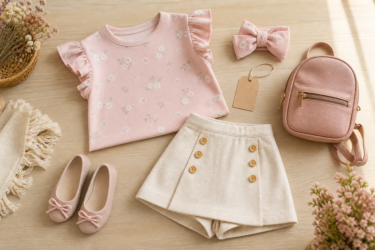 Conjunto infantil feminino para passeio com blusa rosa, saia-short, sapatilha, laço e mochila pequena