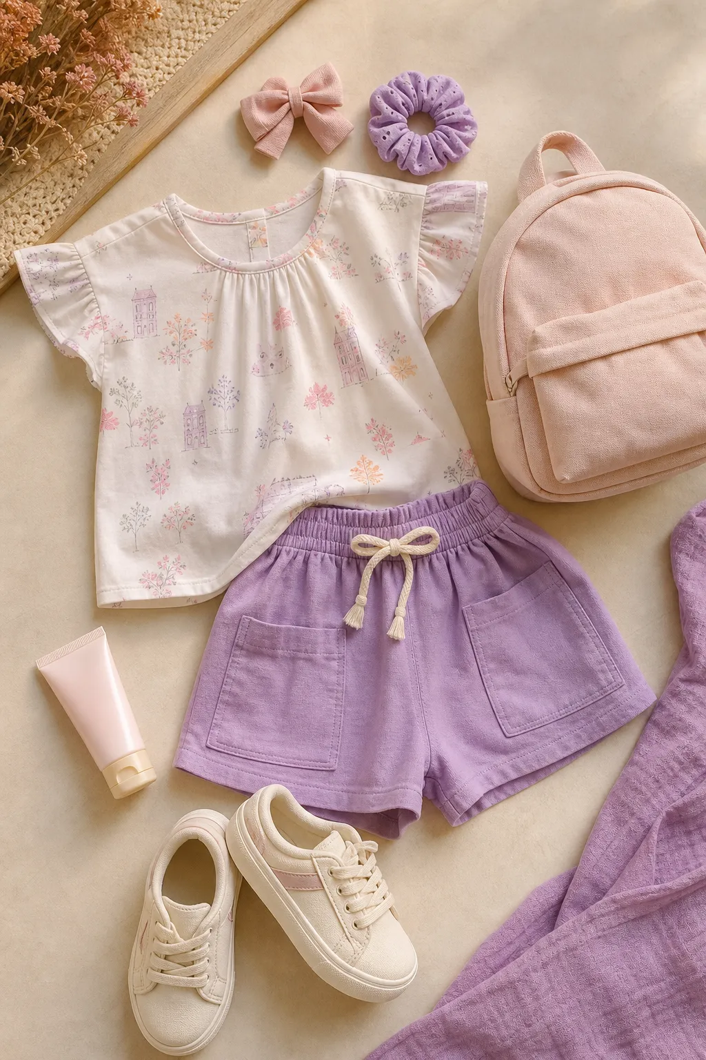 Conjunto infantil para passeio com blusa estampada, short lilás, tênis, mochila e acessórios confortáveis