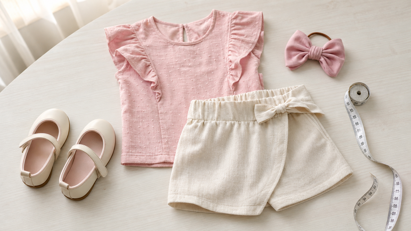 Conjunto infantil feminino com blusa, short, sapatilha, laço e fita métrica para conferir tamanho e conforto