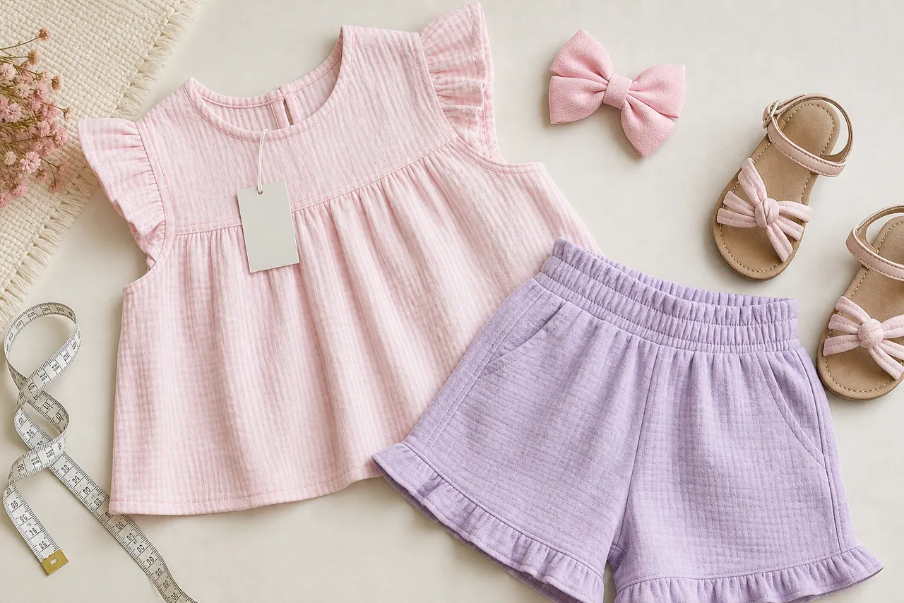 Conjunto infantil feminino com blusa, short, laço, sandália e fita métrica para conferir tamanho e conforto
