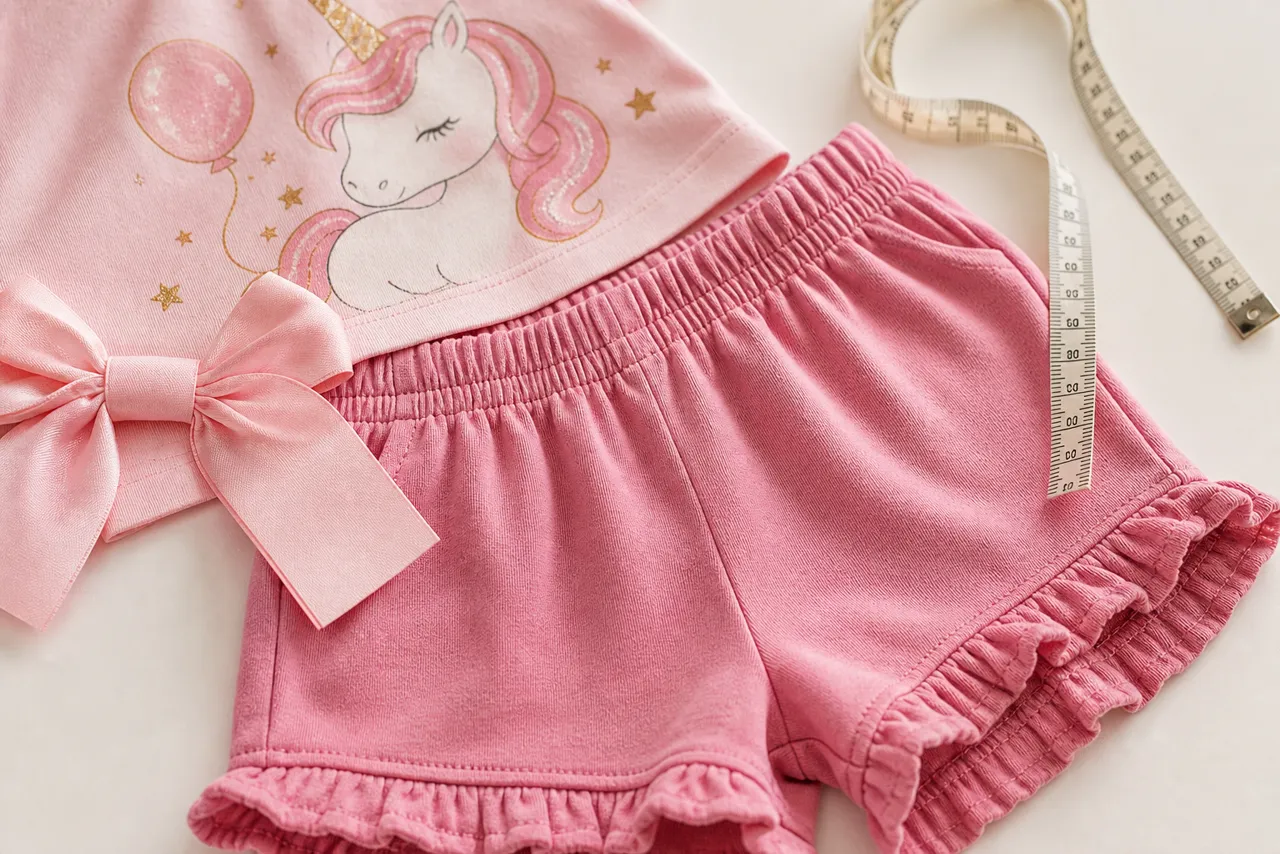 Detalhe de conjunto infantil feminino rosa com estampa de unicórnio, elástico confortável e fita métrica