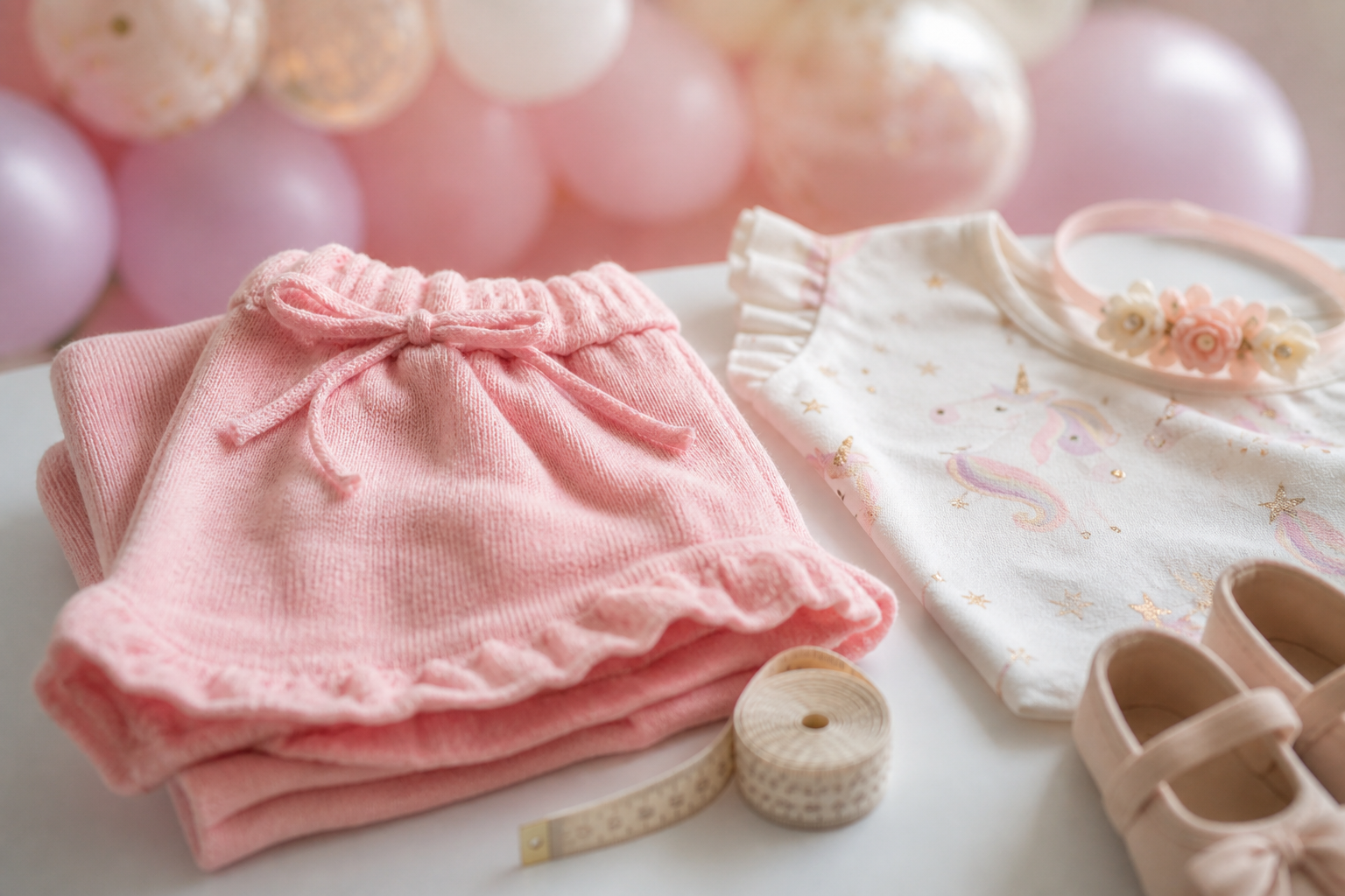 Detalhe de conjunto infantil tema unicórnios com short rosa, blusinha, tiara, sapatinho e fita métrica