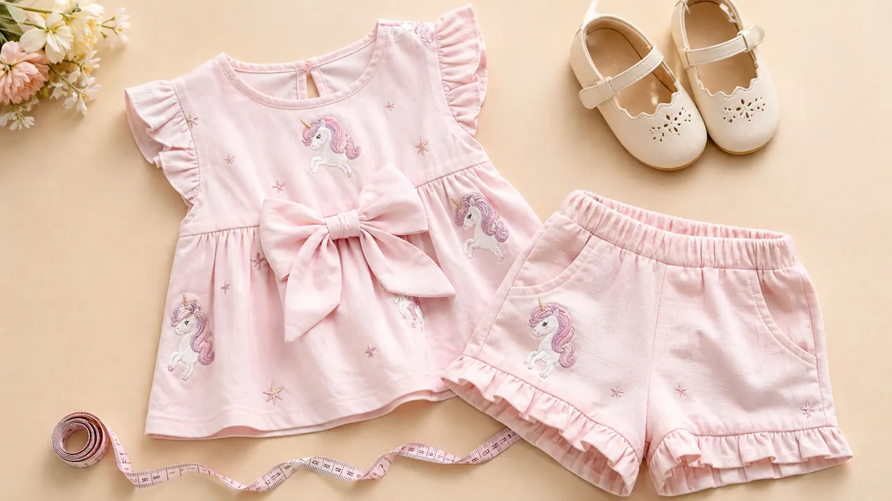 Detalhe de conjunto infantil rosa com unicórnio, short, sapatinho e fita métrica