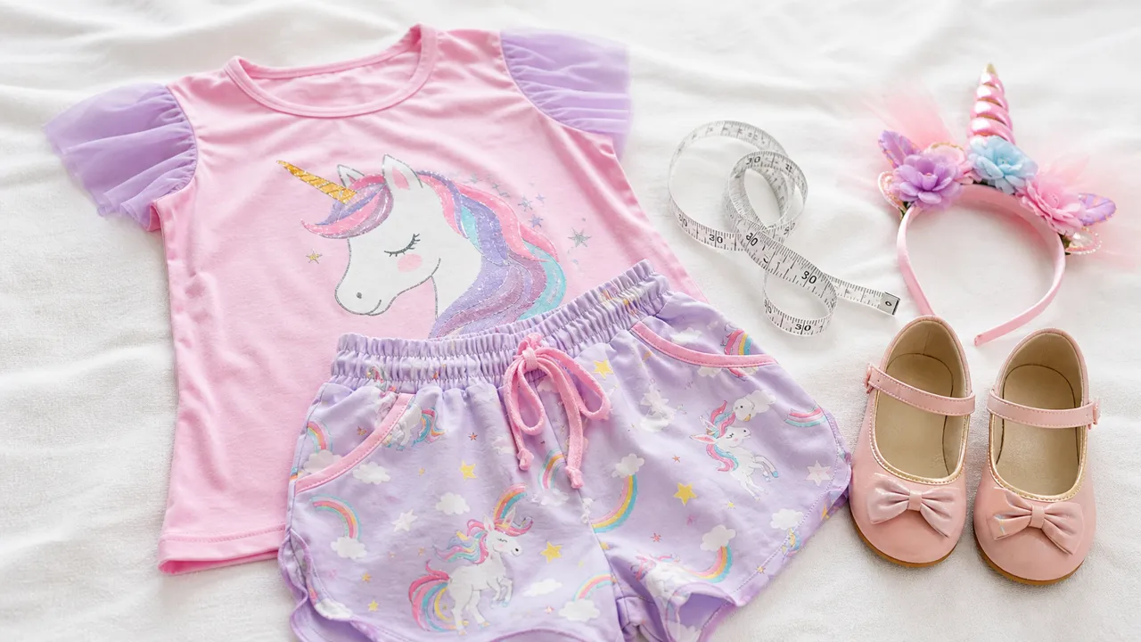 Detalhe de conjunto infantil rosa com unicórnio, short, sapatinho e fita métrica