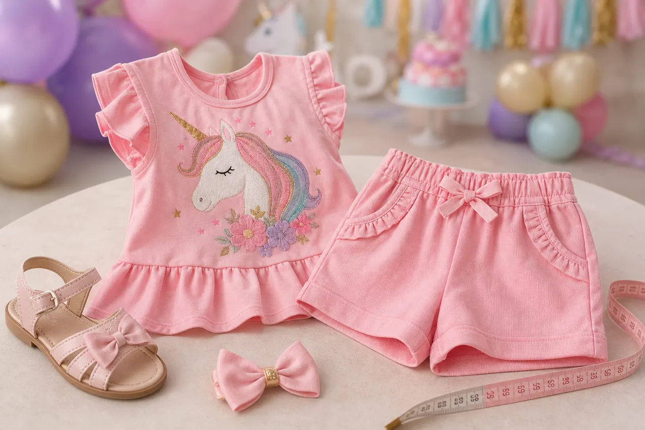 Detalhe de conjunto infantil feminino rosa com estampa de unicórnio, elástico confortável e fita métrica