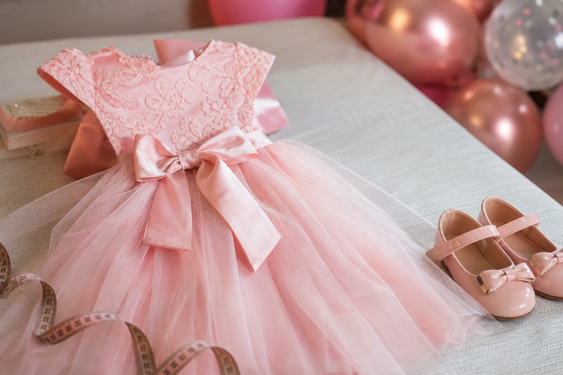 Detalhe de vestido infantil rosa, laço, sapatinho e fita métrica para escolher look de aniversário