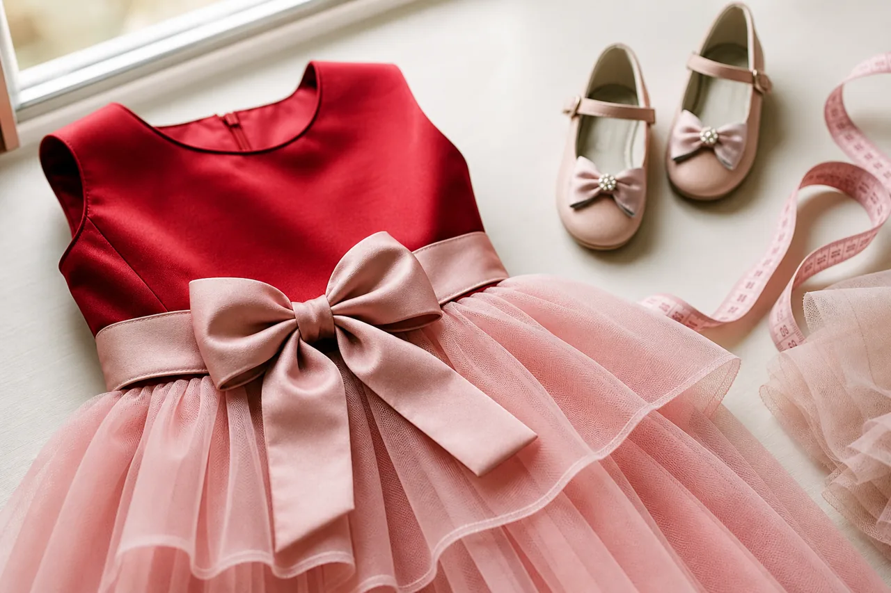 Detalhe de vestido infantil vermelho e rosa, laço, sapatinho e fita métrica para conferir medidas e conforto