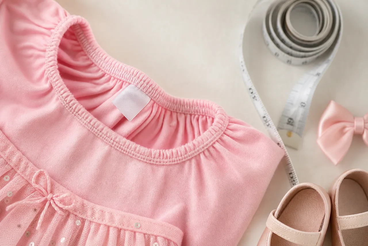 Detalhe de tecido, elástico, costura, laço, sapatilha e fita métrica de look infantil feminino para aniversário
