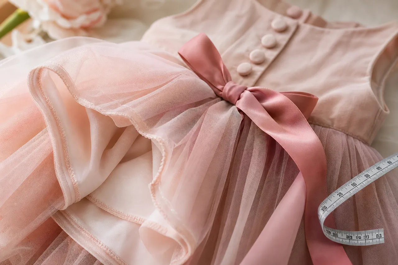 Detalhe de tule, forro, costura, laço, botões e fita métrica de vestido infantil para festa