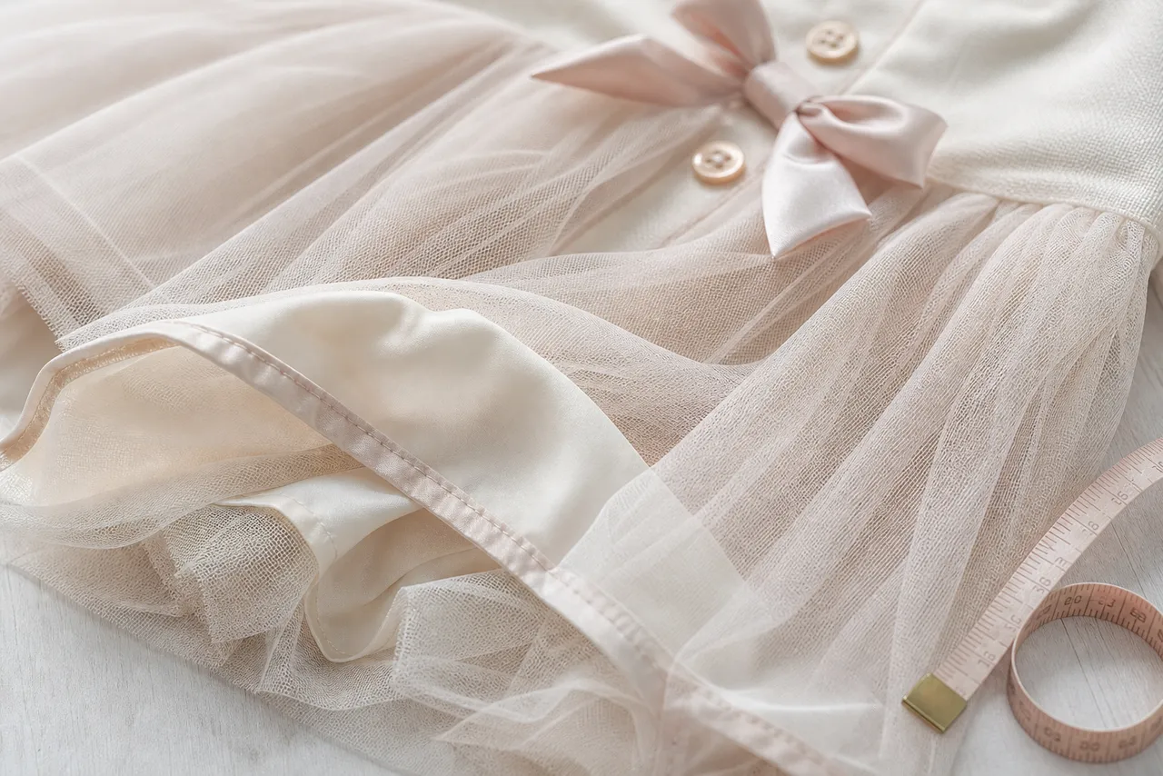 Detalhe de tule, forro, costura, laço, botões e fita métrica de vestido infantil para festa