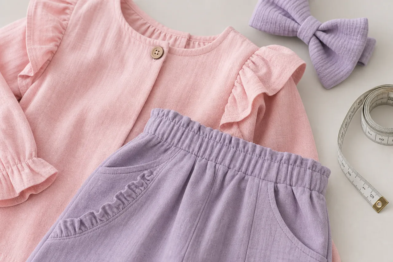 Detalhe de tecido macio, cós elástico, costura e fita métrica em conjunto infantil feminino