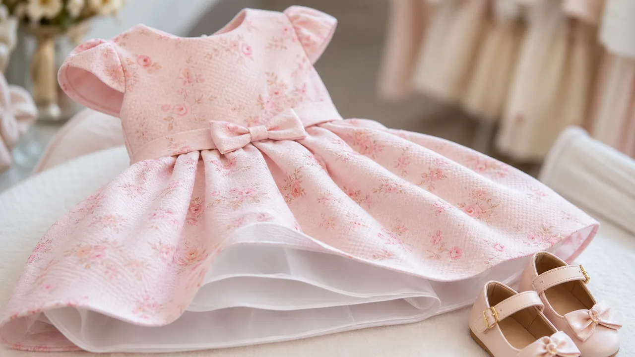 Detalhe de vestido infantil rosa com laço, forro confortável e sapatilha para aniversário