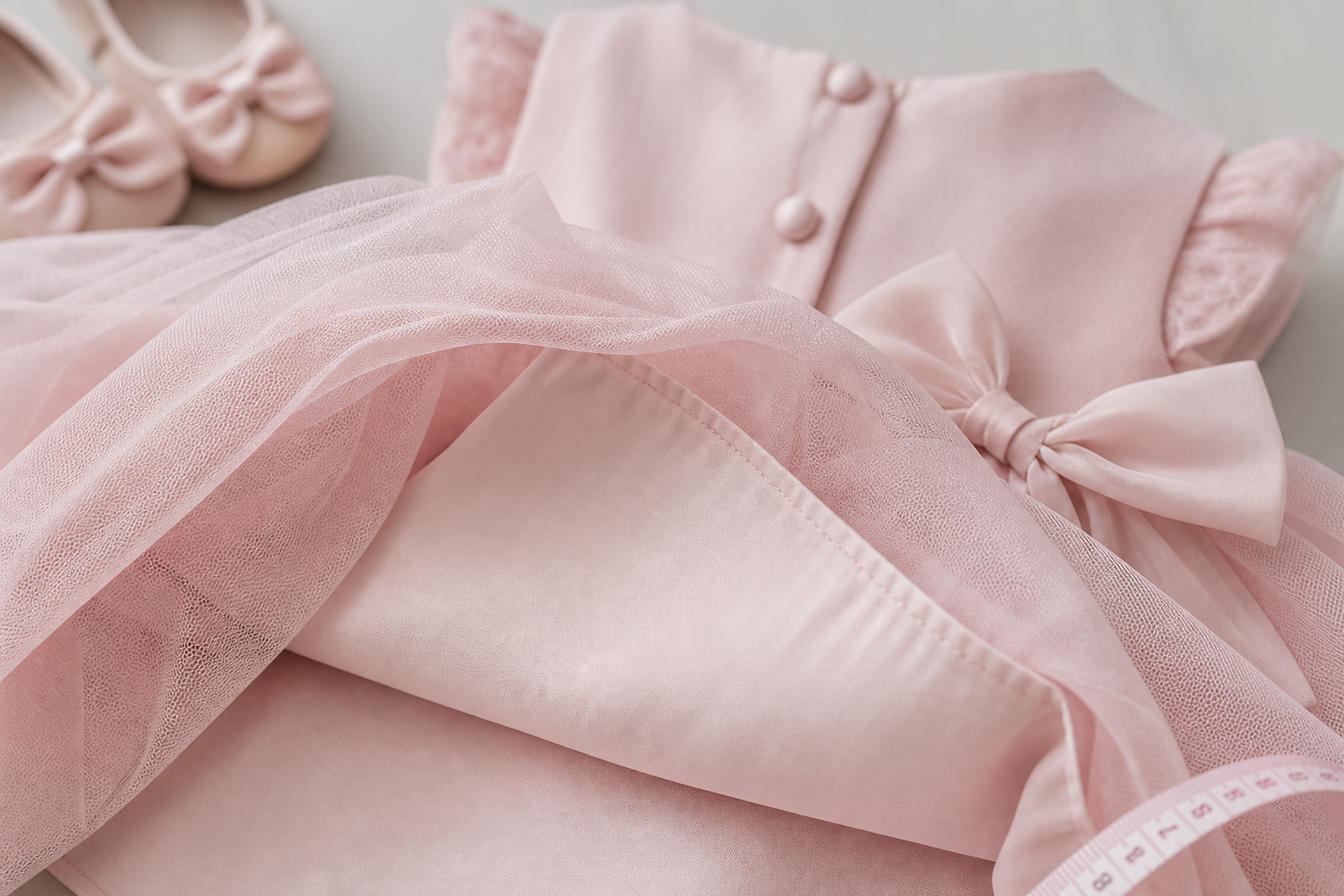 Detalhe de tule, forro, costura confortável, laço, fechamento, sapatinhos e fita métrica para vestido infantil de aniversário
