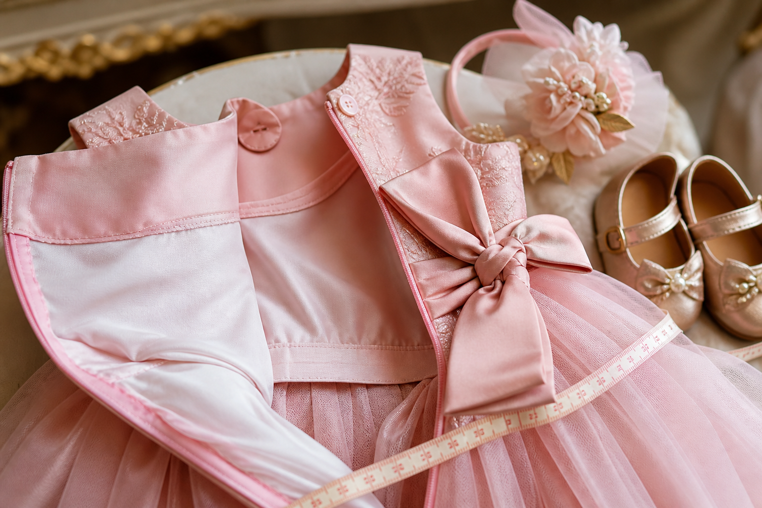 Detalhe de tule, forro, costura confortável, laço, fechamento, sapatinhos e fita métrica para vestido infantil de aniversário