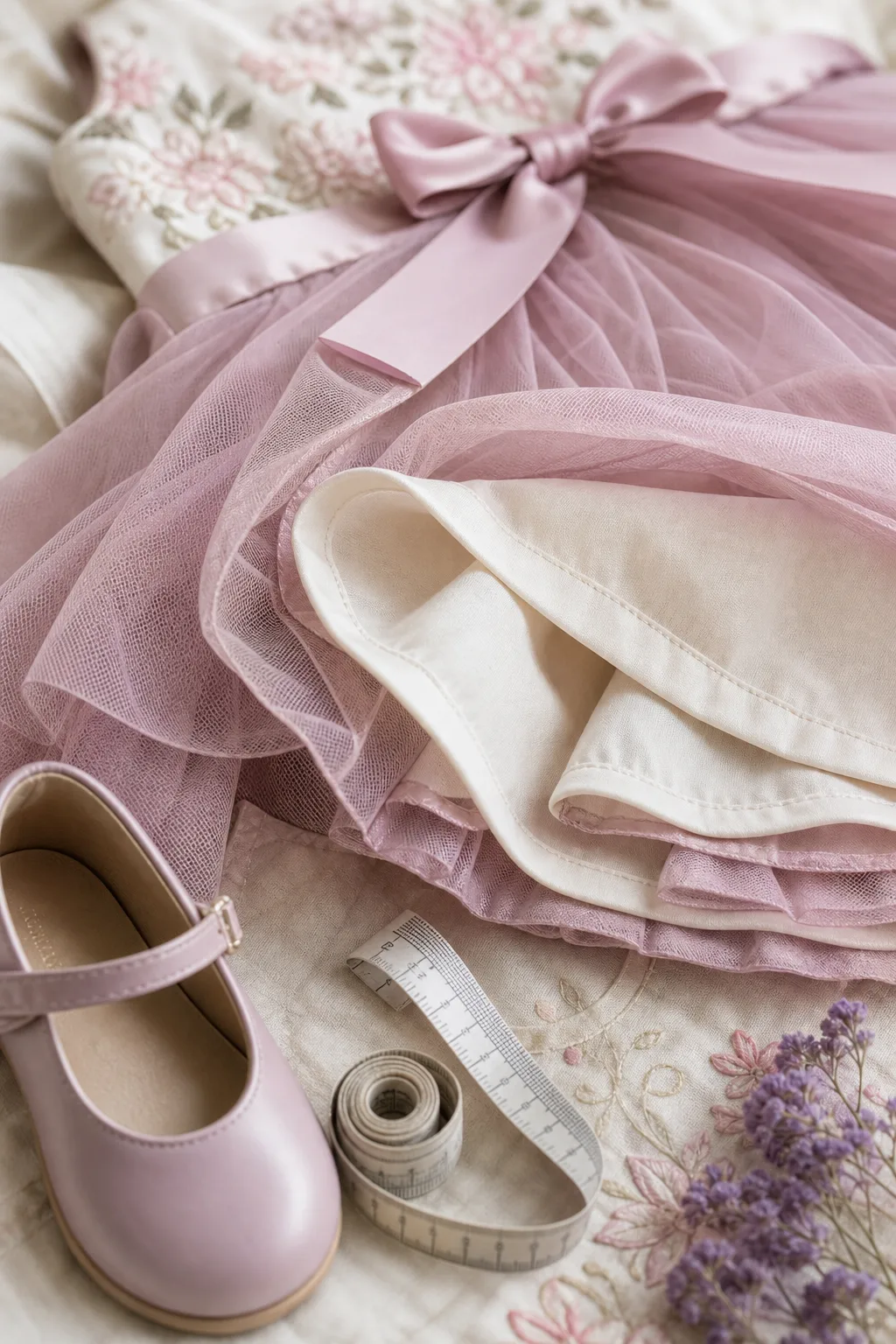 Detalhe de tule, forro macio, sapatinho e fita métrica para vestido infantil de festa confortável