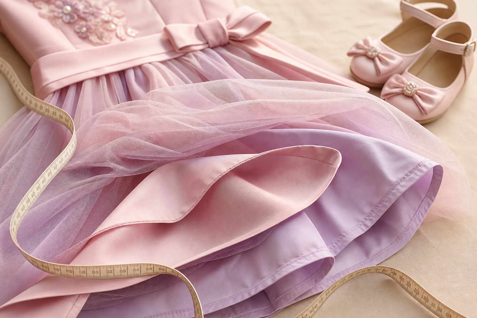 Detalhe de tule, forro macio, sapatinho, laço e fita métrica para vestido infantil de festa confortável