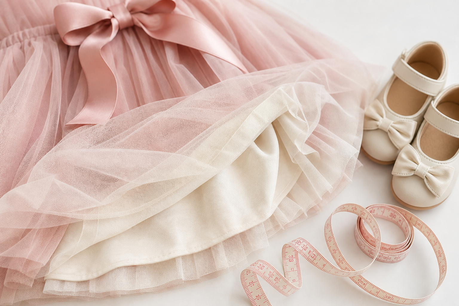 Detalhe de tule, forro macio, sapatinho com laço e fita métrica para vestido infantil de festa confortável
