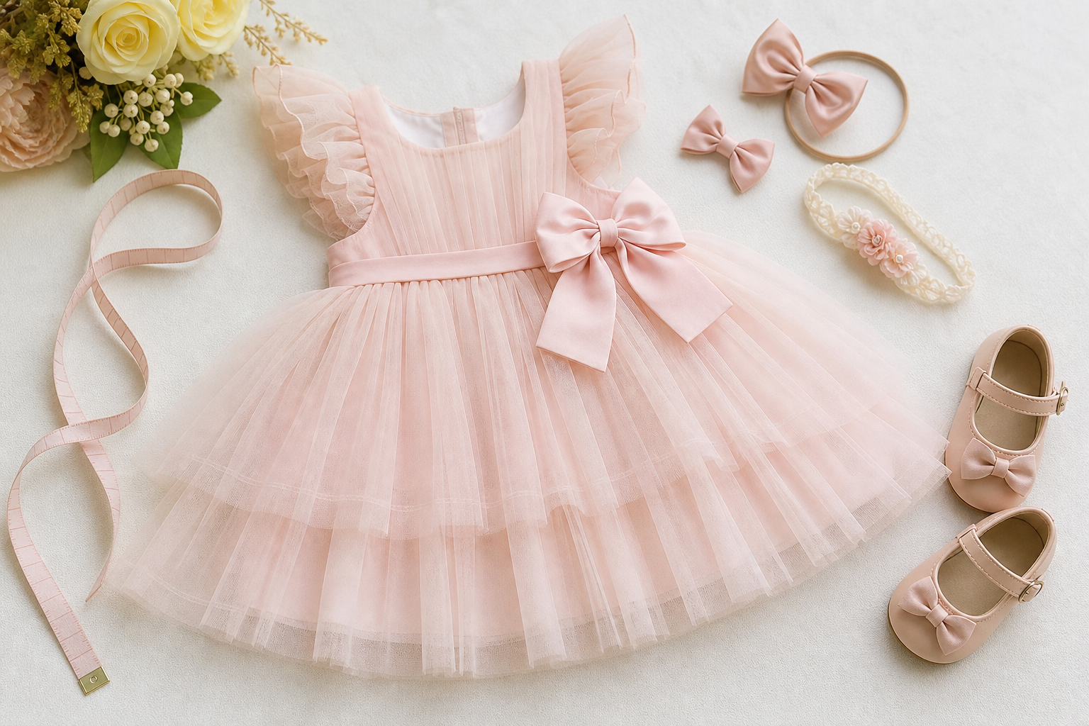 Detalhe de tule, forro macio, sapatinho, laço e fita métrica para vestido infantil de festa confortável