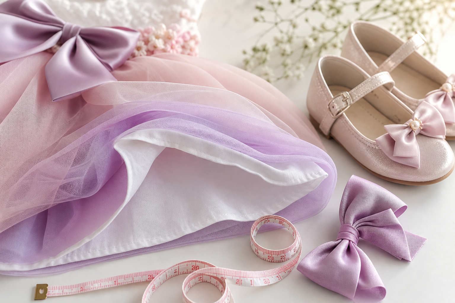 Detalhe de tule, forro macio, sapatinho, laço e fita métrica para vestido infantil de festa confortável
