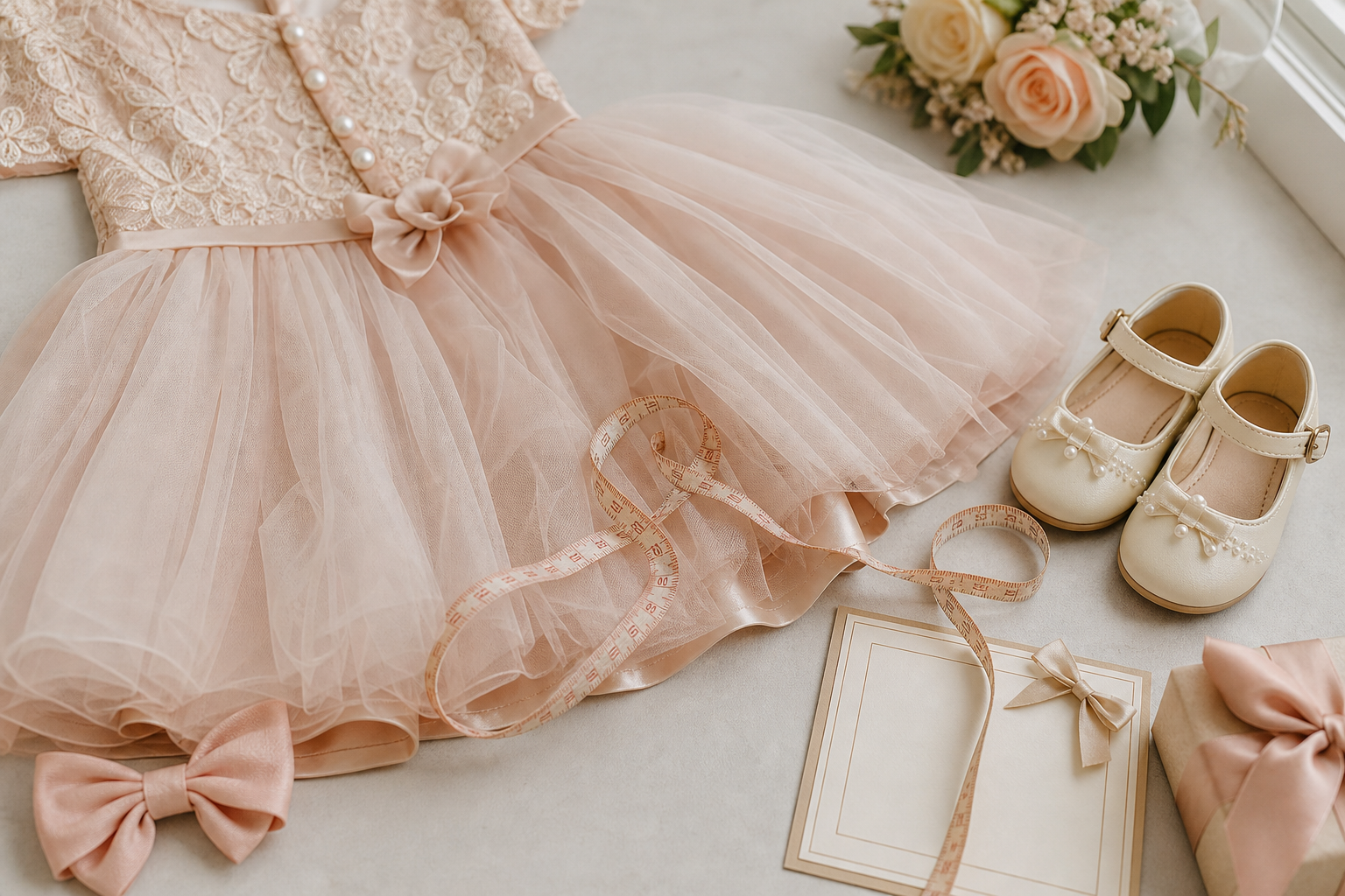 Detalhe de vestido infantil de festa com tule, forro, sapato, laço e fita métrica para avaliar conforto