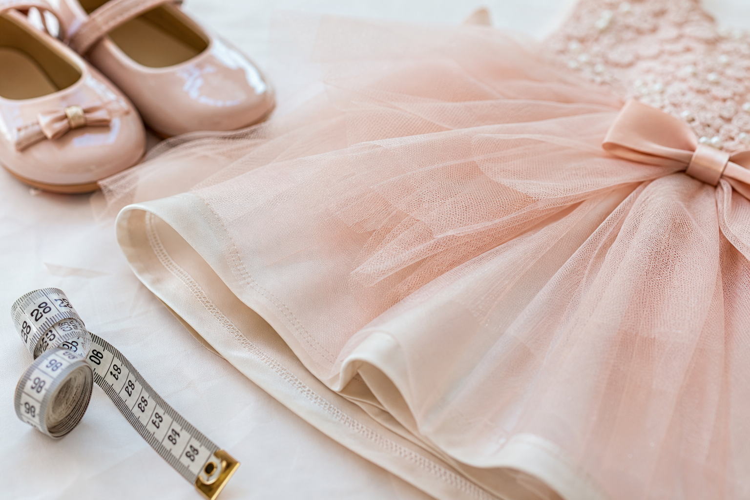 Detalhe de tule, forro macio, sapatinho e fita métrica para vestido infantil de festa confortável