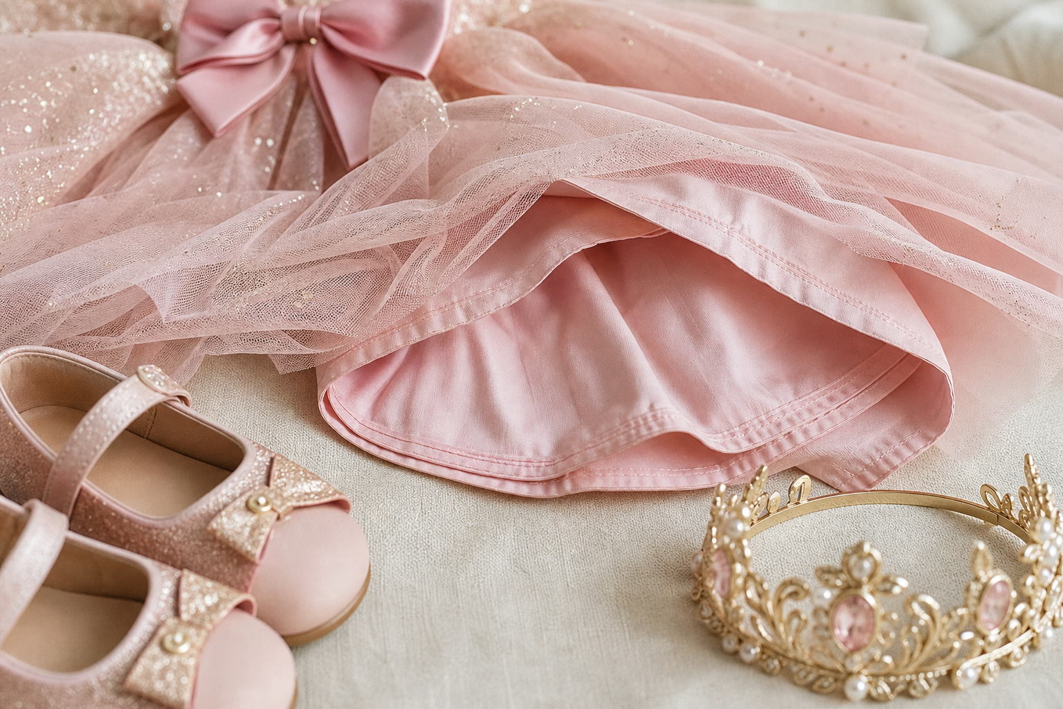 Detalhe de tule, forro, laço, sapatinho e tiara para vestido infantil de aniversário confortável