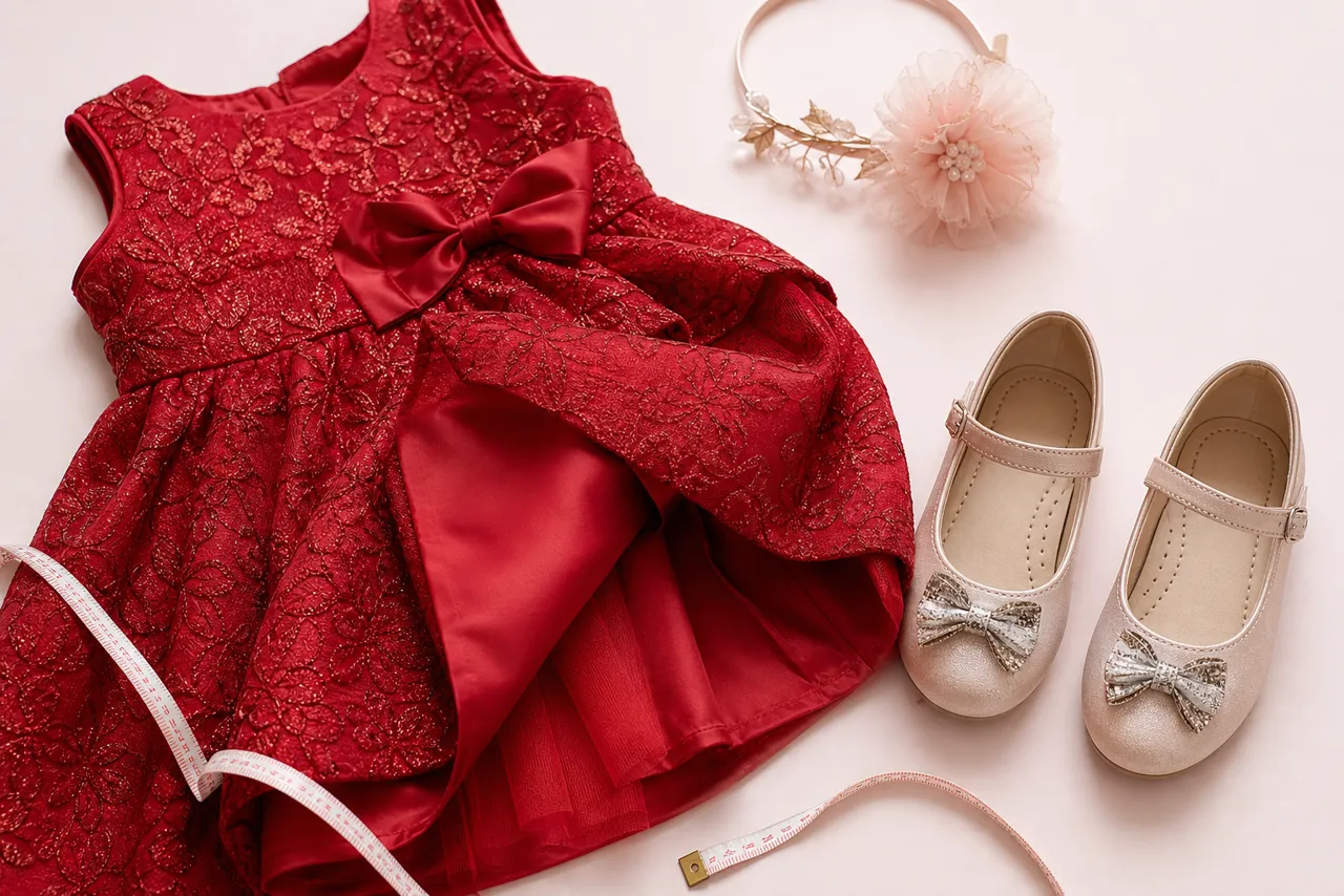 Vestido infantil vermelho com sapatilha, laço e fita métrica para conferir tamanho e conforto