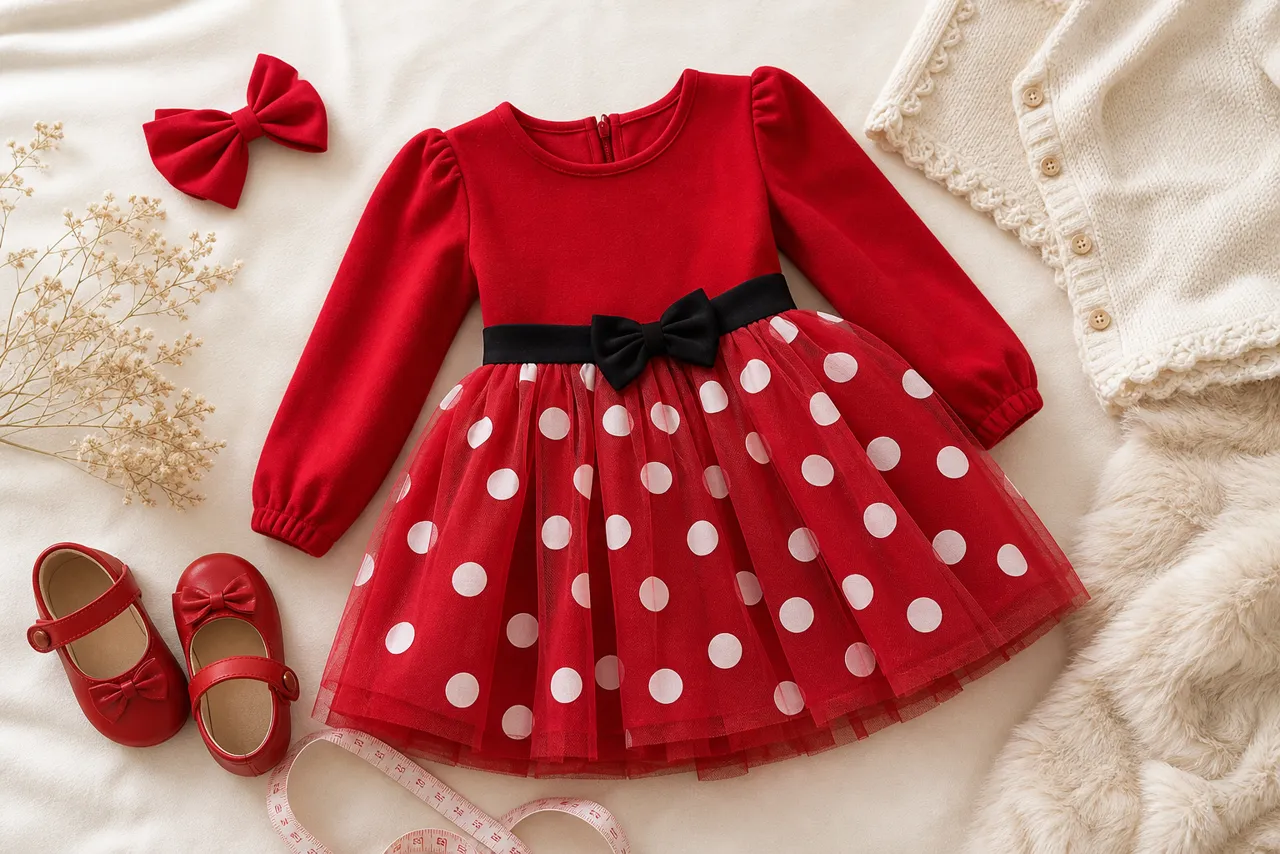 Vestido infantil vermelho com bolinhas, laço, sapatos e fita métrica para conferir tamanho
