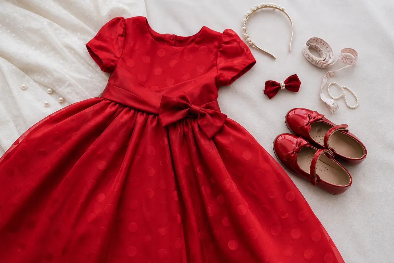 Detalhe de vestido infantil vermelho com sapatilha, laço e fita métrica para conferir tamanho