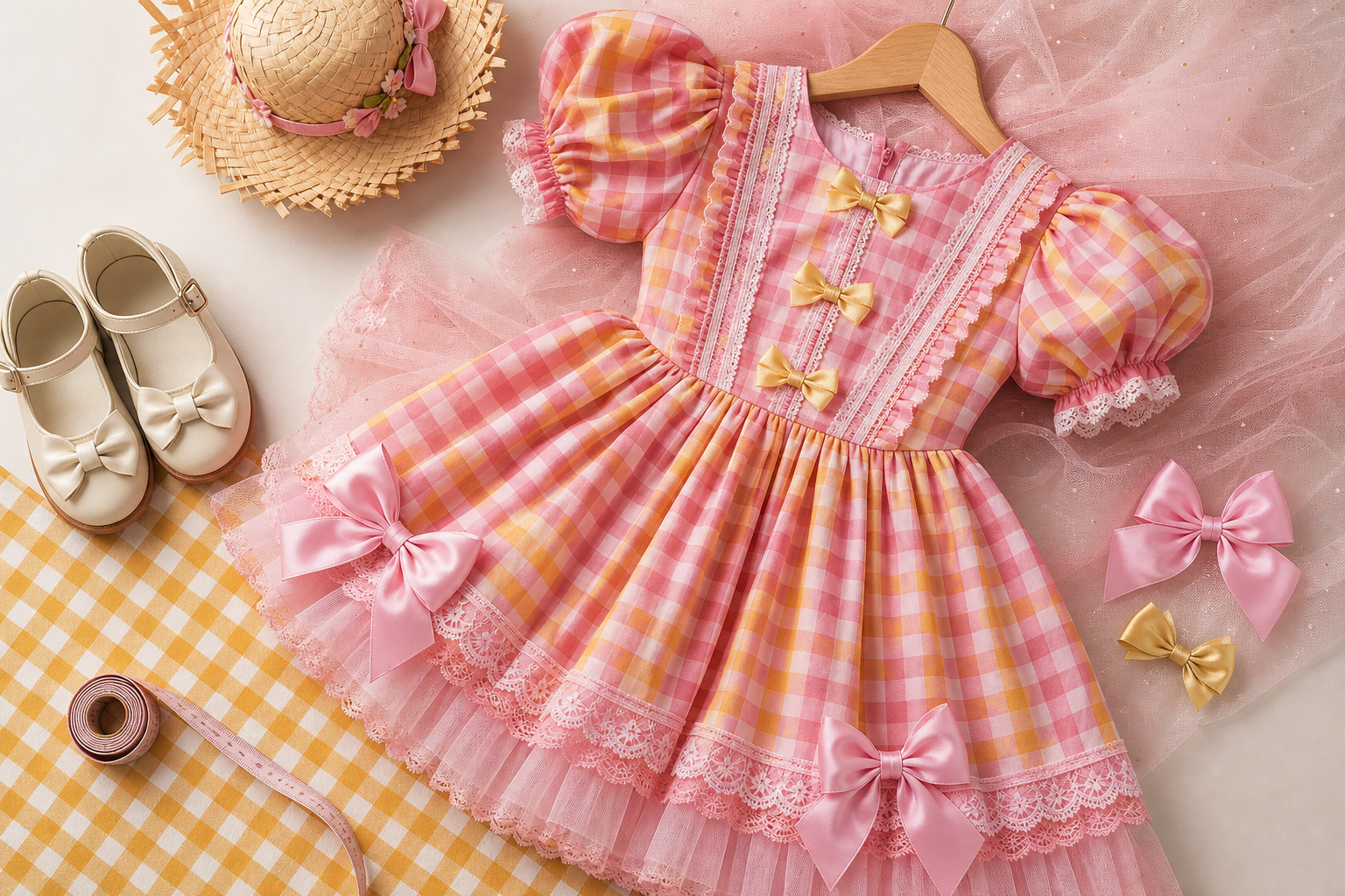Detalhes de look festa junina infantil com vestido xadrez, tule, sapatinho, laços e chapéu de palha