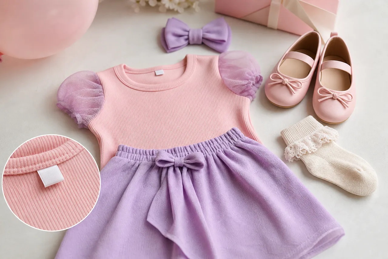 Detalhes de tecido, laço, sapatilha e acessórios para look infantil feminino de aniversário